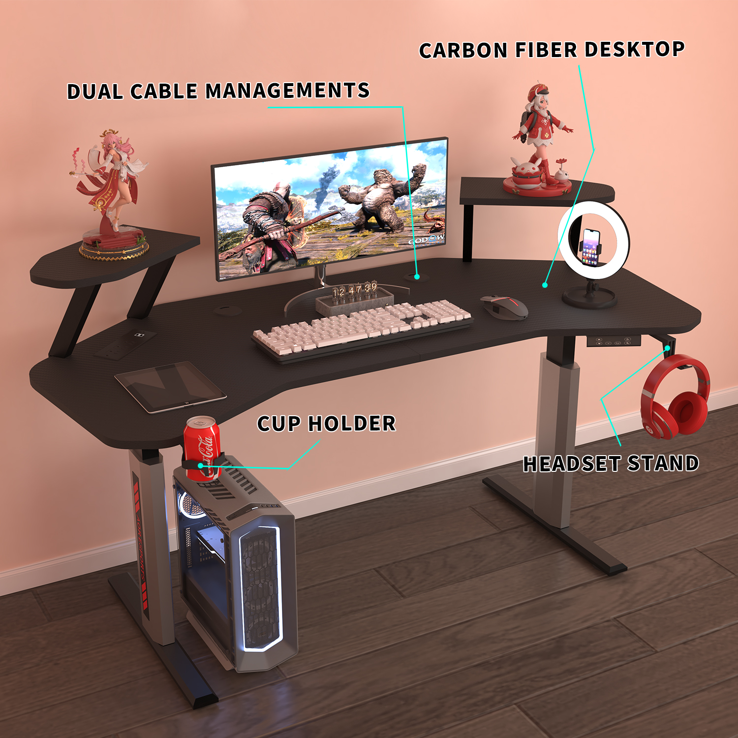 AOR ESPORTS Electric Standing Desk 63 Inches with Monitor Stand, Memory Electric Adjustable Height Home Office Desk with Power Outlet and Mouse Pad (Black)
