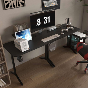 Computer Desk L Shaped 57 Inch with Power Outlets & Monitor Stand, Home Office Desk Corner Desk with Headset Hooks And Cup Holder, Black