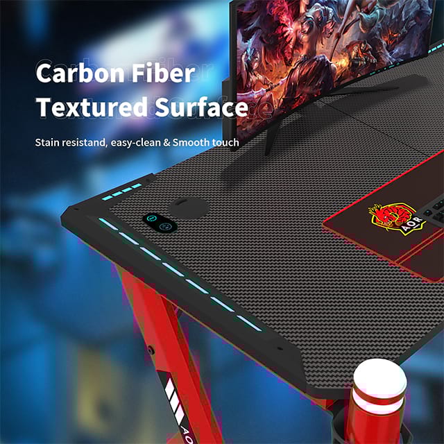 Gaming Desk, LED R-Shaped Carbon Fiber Desktop Home Office Desk with Mouse Pad, Cup Holder & Headphone Hook, 47 inch Red