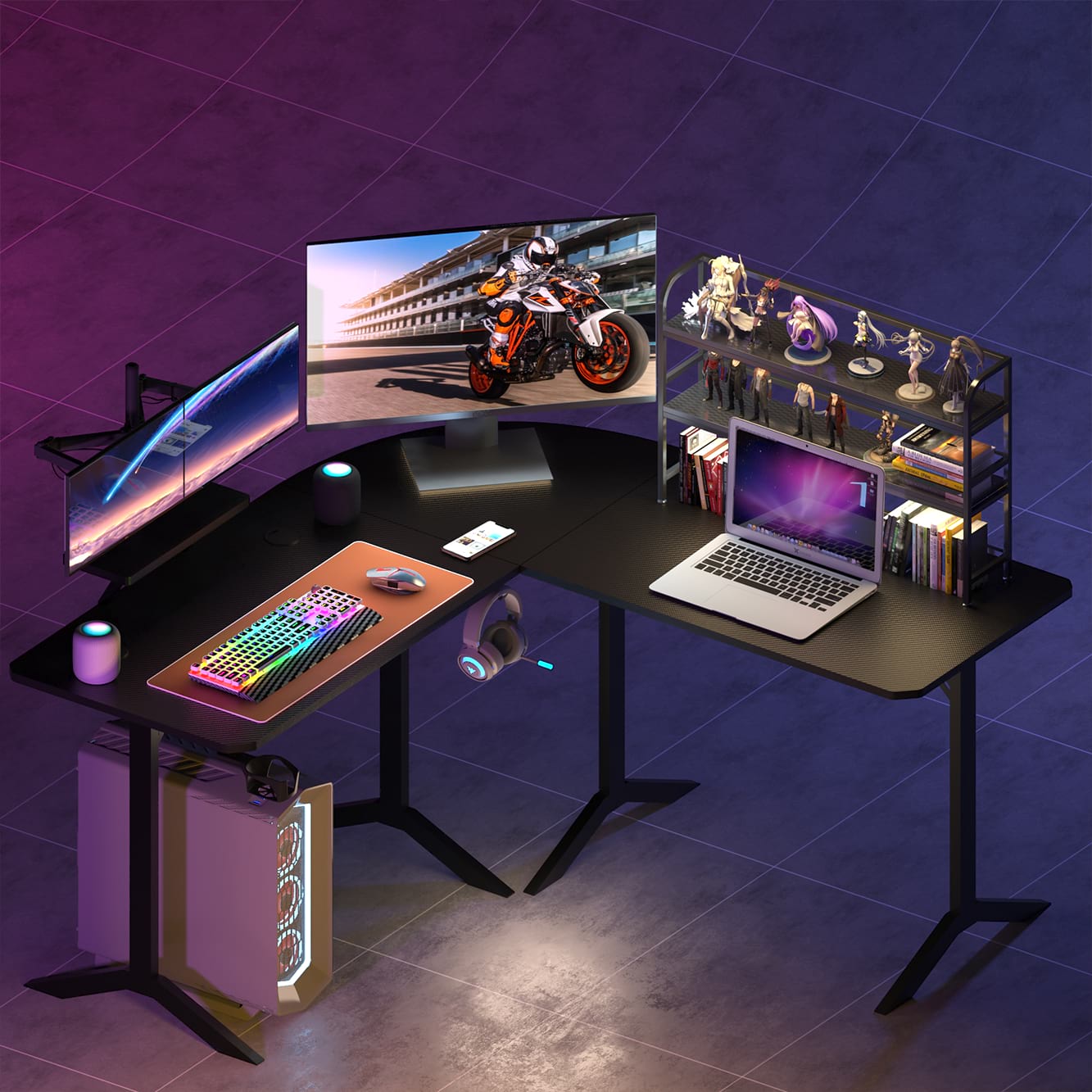 Computer Desk L Shaped 57 Inch with Power Outlets & Monitor Stand, Home Office Desk Corner Desk with Headset Hooks And Cup Holder, Black