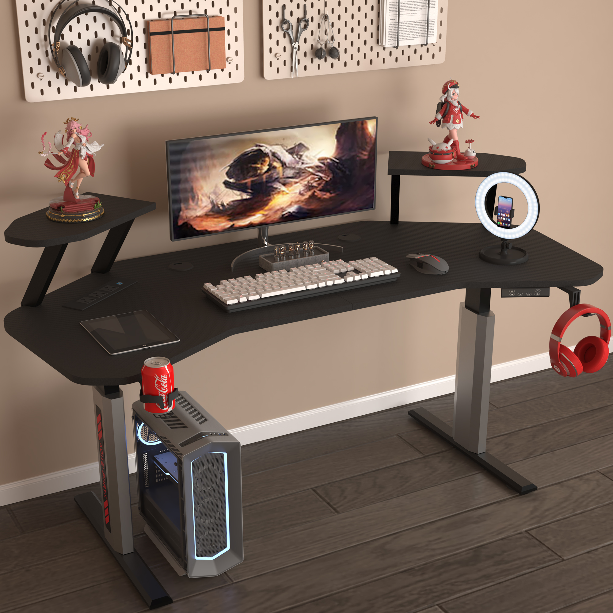 AOR ESPORTS Electric Standing Desk 63 Inches with Monitor Stand, Memory Electric Adjustable Height Home Office Desk with Power Outlet and Mouse Pad (Black)