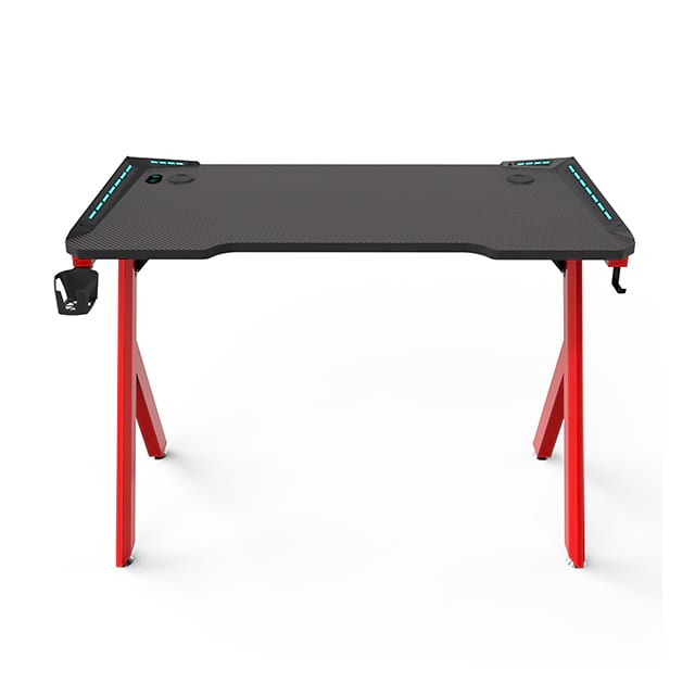 Gaming Desk, LED R-Shaped Carbon Fiber Desktop Home Office Desk with Mouse Pad, Cup Holder & Headphone Hook, 47 inch Red