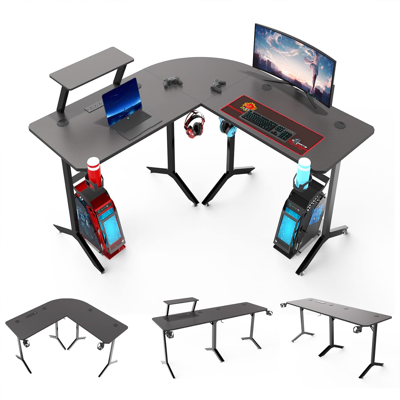 Computer Desk L Shaped 57 Inch with Power Outlets & Monitor Stand, Home Office Desk Corner Desk with Headset Hooks And Cup Holder, Black