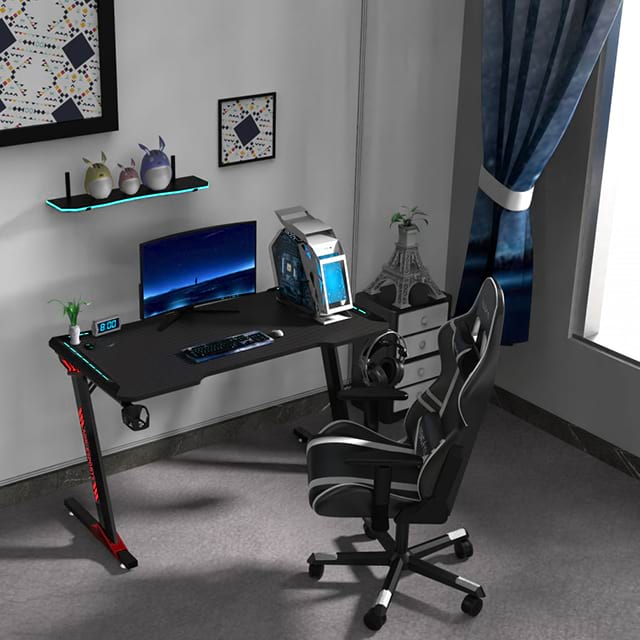 Z Shaped Gaming Desk 47 Inch, PC Office PC Gaming Computer Desk with Desk Mouse Pad, Gamer Tables with Cup Holder & Headphone Hook