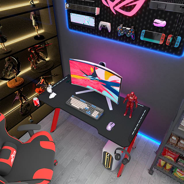 Gaming Desk, LED R-Shaped Carbon Fiber Desktop Home Office Desk with Mouse Pad, Cup Holder & Headphone Hook, 47 inch Red