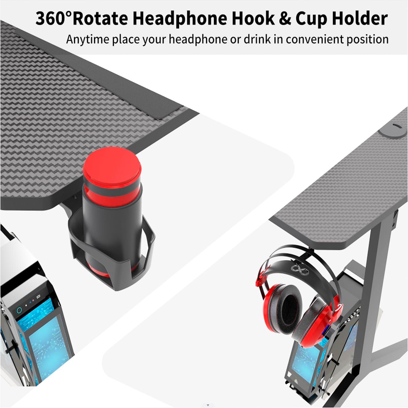 Computer Desk L Shaped 57 Inch with Power Outlets & Monitor Stand, Home Office Desk Corner Desk with Headset Hooks And Cup Holder, Black