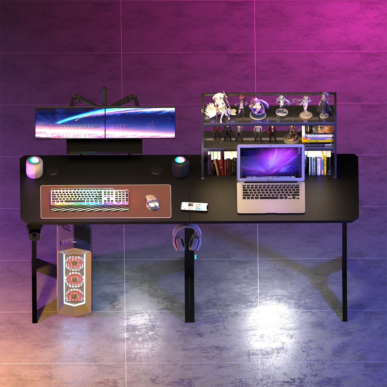 Computer Desk L Shaped 57 Inch with Power Outlets & Monitor Stand, Home Office Desk Corner Desk with Headset Hooks And Cup Holder, Black